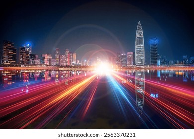 Vibrant night cityscape of Shenzhen, China.  Light trails streak across a reflective waterway, leading towards a modern skyline.  The image evokes speed, energy, and technological advancement.