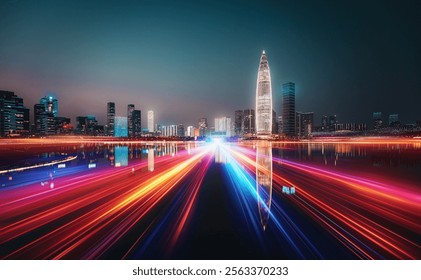 Vibrant night cityscape of Shenzhen, China. Light trails streak across a reflective waterway, showcasing the city's modern architecture and dynamic energy. - Powered by Shutterstock - Get 15% off with code: PIKWIZARD15