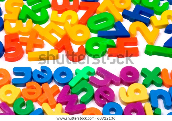 Vibrant numbers and letters isolated on a\
white background.