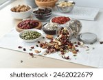 A vibrant and nutritious trail mix featuring goji berries, pumpkin seeds, sunflower seeds, chocolate-covered raisins, almonds, dried cranberries, cashews, and walnuts.