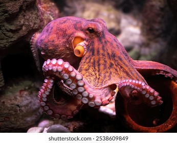 A vibrant octopus displaying its colorful tentacles in an underwater environment, showcasing marine life.