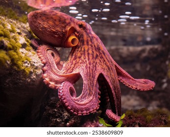 Vibrant octopus resting on a rock underwater, showcasing its vivid colors and textures in a marine habitat.