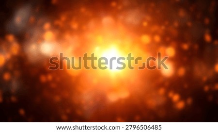 Vibrant orange abstract background featuring a central light burst with soft bokeh circles and glowing particles