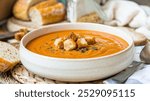 Vibrant Orange Soup: A warm bowl of vibrant orange soup garnished with croutons, accompanied by sliced bread and a jar of spices, set in a cozy rustic environment.