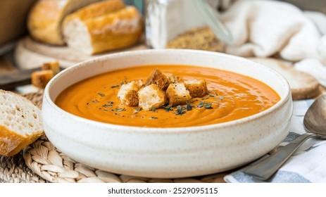 Vibrant Orange Soup: A warm bowl of vibrant orange soup garnished with croutons, accompanied by sliced bread and a jar of spices, set in a cozy rustic environment. - Powered by Shutterstock