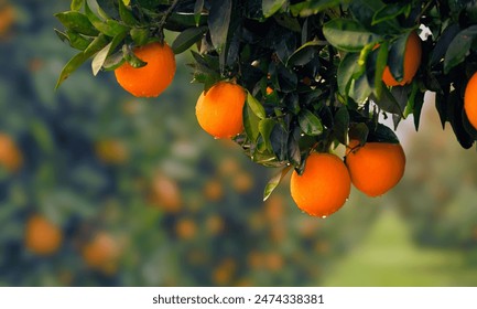Vibrant oranges bask in sunlight amidst lush leaves, epitomizing freshness and natural beauty. - Powered by Shutterstock