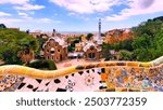 Vibrant Park Güell view in Barcelona,showcasing Gaudí