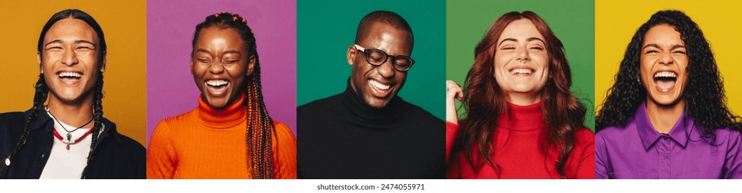 A vibrant portrayal of joy and diversity: friends are captured laughing, showing individuality with each person against a unique background, reflecting positive connections in multicultural settings. - Powered by Shutterstock