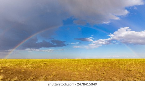 A vibrant rainbow arching across a vast grassland. The rainbow stands out against a backdrop of dark clouds on the left and a clear blue sky on the right, highlighting the dynamic weather contrast. - Powered by Shutterstock