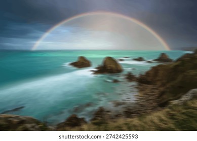 A vibrant rainbow forms an arc over a rugged coastline with waves crashing against rocks under a stormy sky.