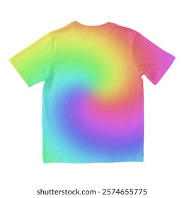 Vibrant rainbow gradient T-shirt mockup displaying the back side. Ideal for custom apparel designs, branding, and creative clothing projects.