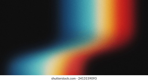 Lebhafter Regenbogen, orangefarbene blaue Teal-White, psychedelische grainy Farbverlauf-Flow-Welle auf schwarzem Hintergrund, Musik-Cover-Tanz-Poster-Design. Retro-Farben aus den 1970er Jahren, 70er, 80er und 90er Jahren – Stockfoto