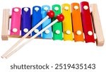 Vibrant rainbow xylophone with colorful metal bars and wooden mallets. Musical instrument for kids education and fun playtime. Isolated over white background