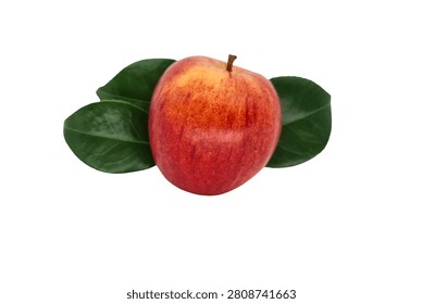 A vibrant red apple with two green leaves on a white background