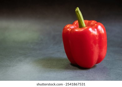 A vibrant red bell pepper sits alone on a dark surface, showcasing its glossy texture and fresh appearance. - Powered by Shutterstock