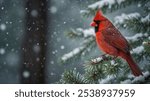 A vibrant red cardinal perches on a snow-covered pine branch, a symbol of winter beauty and resilience