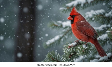 A vibrant red cardinal perches on a snow-covered pine branch, a symbol of winter beauty and resilience - Powered by Shutterstock