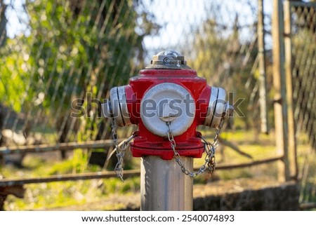 vibrant red fire hydrant with attached chains, set against a blurred garden and fence, capturing urban utility and safety in a natural setting