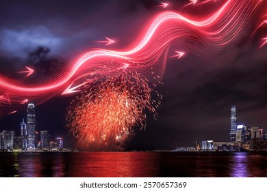 Vibrant red fireworks explode over Hong Kong's glittering skyline, streaks of light painting the night sky.  A captivating display of light and energy against the city backdrop.