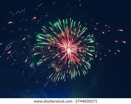 Vibrant red and green firework exploding in the dark night sky.