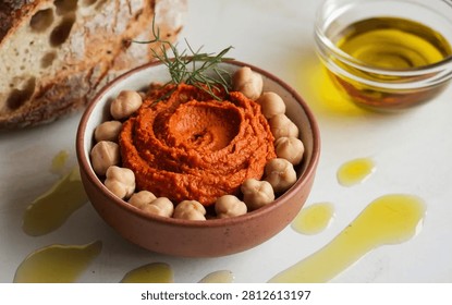 Vibrant red hummus, swirled in a rustic brown bowl with chickpeas and a fresh herb garnish, is displayed on a white surface next to crusty bread and spilled olive oil, under bright natural light.
