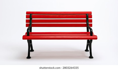 A vibrant red park bench, featuring a slatted seat and backrest, stands on black metal legs against a clean white backdrop.