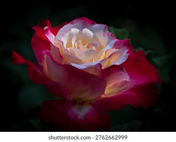 Vibrant Red and White Rose in Dramatic Light 