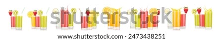 Vibrant refreshing summer drinks with a mix of fruits in tall glasses. Perfect for parties and hot days.