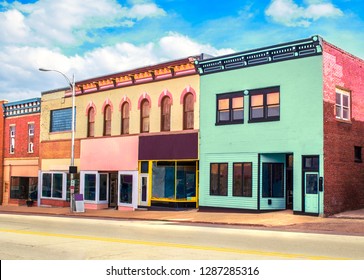 Vibrant Retro Business Main Street Usa Small Town Downtown Retail Storefronts Colorful Vintage