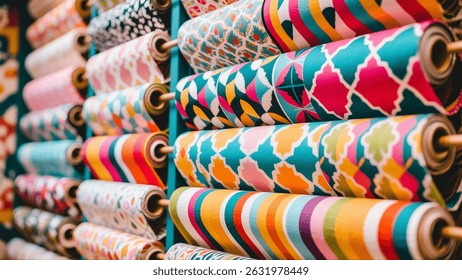 Vibrant rolls of patterned fabrics are displayed, showing a variety of designs and colors. They are perfectly arranged on wooden rods.