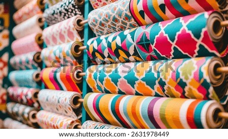 Vibrant rolls of patterned fabrics are displayed, showing a variety of designs and colors. They are perfectly arranged on wooden rods.