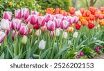 A vibrant row of colorful tulips blooming in a lush garden,A stunning display of multicolored tulips arranged in a garden,A picturesque garden filled with a row of colorful tulips.