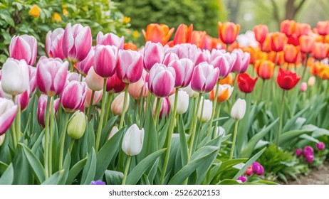 A vibrant row of colorful tulips blooming in a lush garden,A stunning display of multicolored tulips arranged in a garden,A picturesque garden filled with a row of colorful tulips. - Powered by Shutterstock