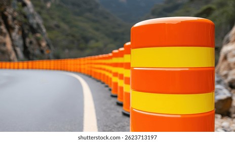 A vibrant row of impact-absorbing safety barriers enhancing road safety in a scenic landscape