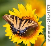 A vibrant Sailfish glaucus (Papilio glaucus) butterfly perched atop a sunflower