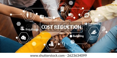 A vibrant scene depicting collaborative hands symbolizing teamwork in achieving cost reduction with financial icons representing budgeting, frugality, and saving strategies. Amity