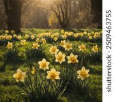 A vibrant scene of a meadow filled with blooming daffodils, bathed in the warm, golden light of the morning sun. The daffodils are in full bloom, with their bright yellow petals.