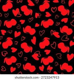 Vibrant seamless pattern featuring red apple silhouettes and hand-drawn hearts on a black background. Playful and romantic design. - Powered by Shutterstock - Get 15% off with code: PIKWIZARD15