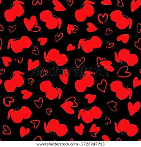 Vibrant seamless pattern featuring red apple silhouettes and hand-drawn hearts on a black background. Playful and romantic design.