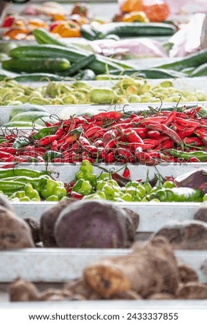 A vibrant selection of red and green chili peppers is arranged at a market, their vivid colors inviting heat lovers to add some spice to their meals. Each pepper with a burst of flavor and intensity.
