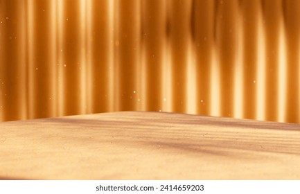 Vibrant setting for product placement: Yellowish orange platform angled, corrugated wall bathed in sunlight, casting soft shadows. Dreamy scene with whimsical dust particles. Stockfoto