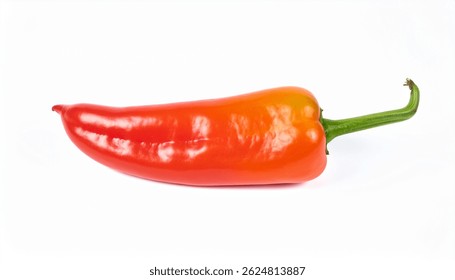 A vibrant, single red chili pepper with a green stem is presented against a stark white backdrop. The peppers glossy surface and curved shape are clearly visible.
