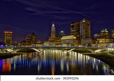 Vibrant Skyline Of Columbus, Ohio With The Main Street Bridge