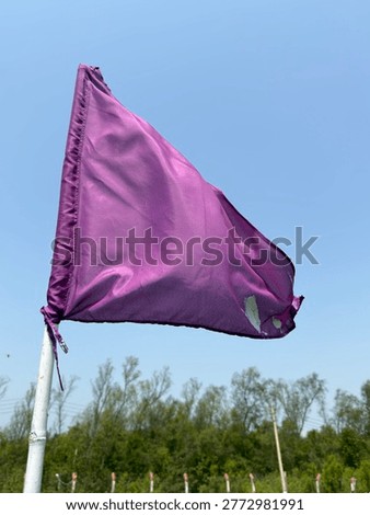 ​A vibrant, solid purple triangular flag  fluttering in the wind against a clear, bright blue sky. 
