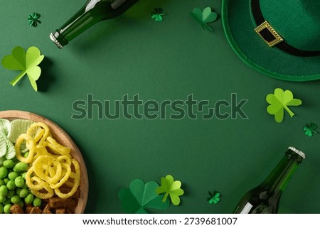 Vibrant St Patrick's Day setting featuring a green backdrop, decorative shamrocks, a leprechaun hat, beer bottles, and a platter of snacks for a festive greeting and celebration