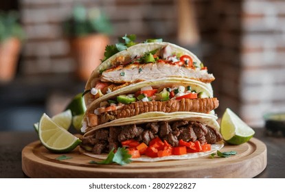 A vibrant stack of three distinct tacos, filled with grilled chicken, crispy pork, and steak, garnished with fresh lime wedges and cilantro on a rustic wooden board.