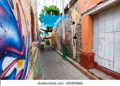 Vibrant Street Art In An Alley In The Getsemani Neighborhood Of Cartagena, Colombia.