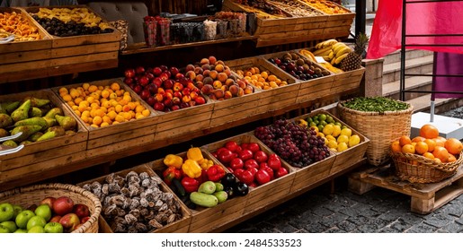 a vibrant street market stall brimming with fresh, colorful fruits and vegetables neatly displayed in wooden crates and baskets on a cobblestone pavement, a European urban setting. - Powered by Shutterstock