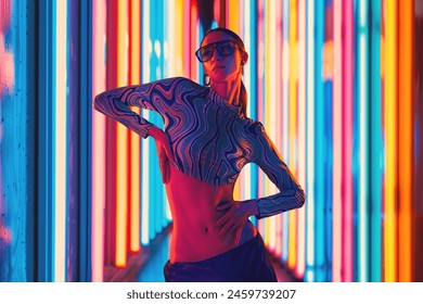Vibrant street style. Portrait of woman wearing uniquely top and trendy eyeglasses, with vividly colorful neon striped background. Concept of youth, beauty, fashion and style, modern lifestyle. Ad