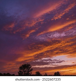 A vibrant sunset sky bursts with rich hues of orange, pink, and purple as the sun dips below the horizon. The clouds are streaked with gold and crimson, reflecting the fading light, while the sky deep - Powered by Shutterstock